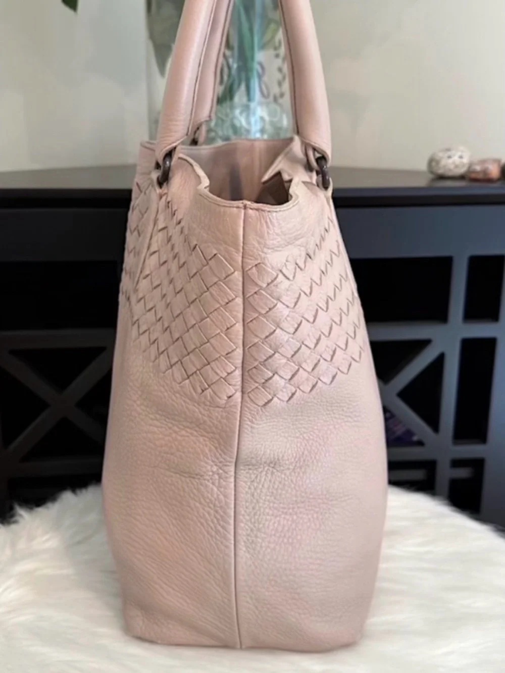 Auth BOTTEGA VENETA beige pink Taupe shoulder Tote Bag INTRECCIATO Woven leather